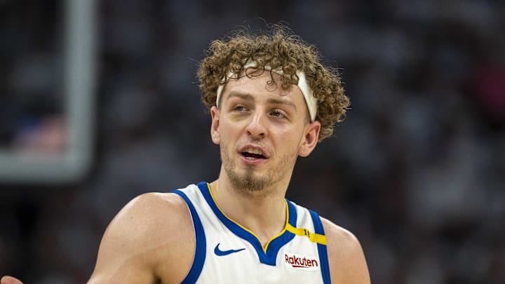 May 14, 2025; Minneapolis, Minnesota, USA; Golden State Warriors guard Brandin Podziemski (2) reacts to a foul called against the Minnesota Timberwolves in the second half during game five of the second round for the 2025 NBA Playoffs at Target Center. Mandatory Credit: Jesse Johnson-Imagn Images