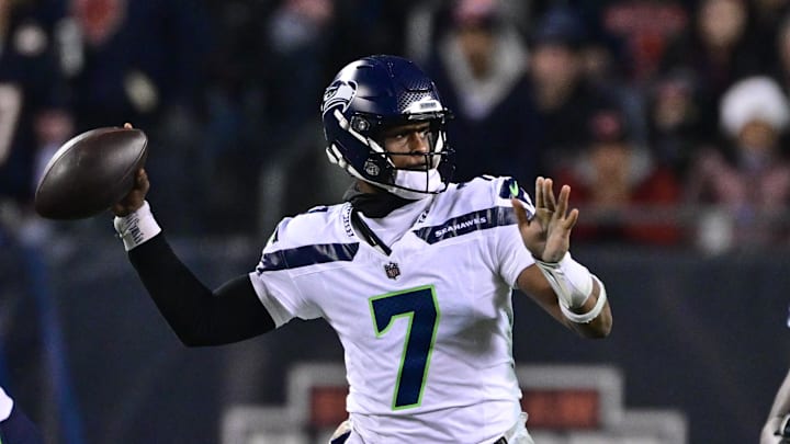 Dec 26, 2024; Chicago, Illinois, USA; Seattle Seahawks quarterback Geno Smith (7) passes the ball against the Chicago Bears during the fourth quarter at Soldier Field. Mandatory Credit: Daniel Bartel-Imagn Images