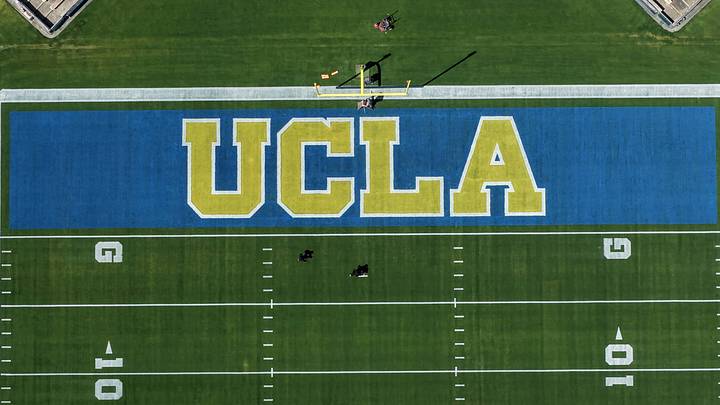 May 2, 2026; Pasadena, CA, USA; A general overall view of the UCLA Bruins logo in the end zone at the Rose Bowl. Mandatory Credit: Kirby Lee-Imagn Images May 2, 2026; Pasadena, CA, USA; A general overall view of the UCLA Bruins logo in the end zone at the Rose Bowl. Mandatory Credit: Kirby Lee-Imagn Images