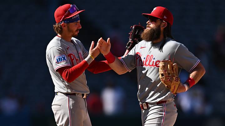 Aug 30, 2026; Anaheim, California, USA; Philadelphia Phillies left fielder Brandon Marsh (16), right, is greeted by second baseman Bryson Stott (5) after defeating the Los Angeles Angels at Angel Stadium. Mandatory Credit: William Liang-Imagn Images Aug 30, 2026; Anaheim, California, USA; Philadelphia Phillies left fielder Brandon Marsh (16), right, is greeted by second baseman Bryson Stott (5) after defeating the Los Angeles Angels at Angel Stadium. Mandatory Credit: William Liang-Imagn Images