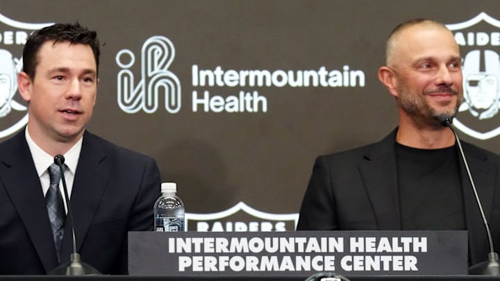 Feb 10, 2026; Las Vegas, NV, USA; Las Vegas Raiders coach Klint Kubiak (left) and general manager John Spytek at introductory press conference at Intermountain Health Performance Center. Mandatory Credit: Kirby Lee-Imagn Images