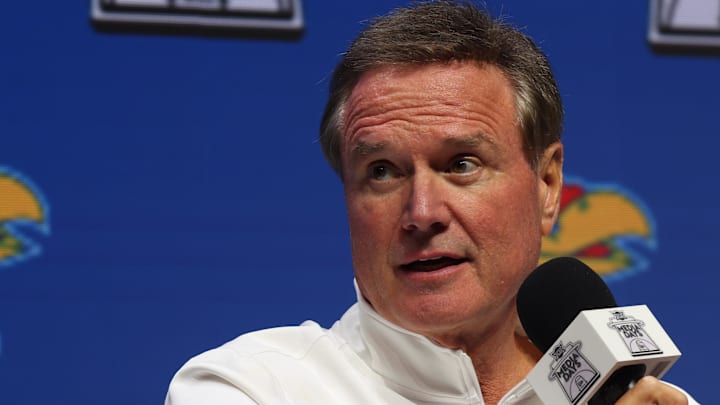 Oct 22, 2025; Kansas City, MO, USA; Kansas head coach Bill Self speaks to media during Big 12 Menís Basketball media day at T-Mobile Center. Mandatory Credit: Sophia Scheller-Imagn Images