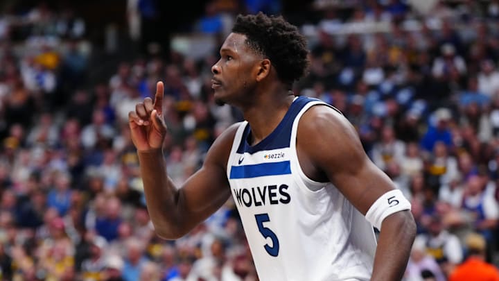 Apr 20, 2026; Denver, Colorado, USA; Minnesota Timberwolves guard Anthony Edwards (5) calls for a replay in the first half against the Denver Nuggets during game two of the first round of the 2026 NBA Playoffs at Ball Arena. Mandatory Credit: Ron Chenoy-Imagn Images