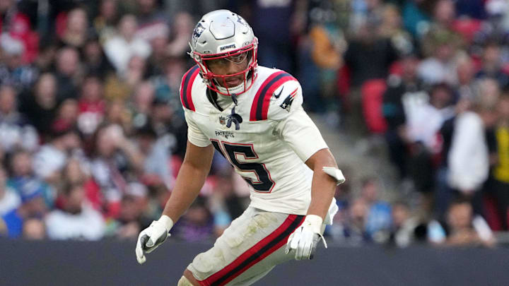 Oct 20, 2024; London, United Kingdom; New England Patriots safety Marte Mapu (15) against the Jacksonville Jaguars in the second half of an NFL International Series game at Wembley Stadium. Mandatory Credit: Kirby Lee-Imagn Images