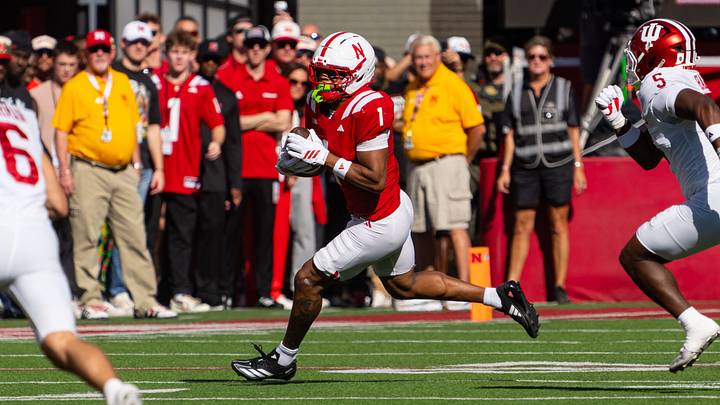Nebraska wide receiver Nyziah Hunter runs after a catch against Indiana. Nebraska wide receiver Nyziah Hunter runs after a catch against Indiana.