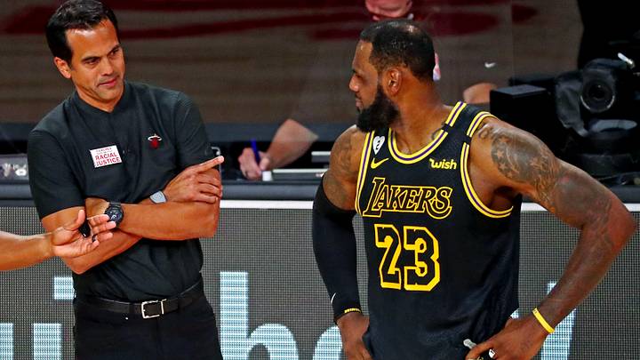 Oct 9, 2020; Lake Buena Vista, Florida, USA; Miami Heat head coach Erik Spoelstra talks with Los Angeles Lakers forward LeBron James (23) during the second quarter in game five of the 2020 NBA Finals at AdventHealth Arena. Mandatory Credit: Kim Klement-USA TODAY Sports Oct 9, 2020; Lake Buena Vista, Florida, USA; Miami Heat head coach Erik Spoelstra talks with Los Angeles Lakers forward LeBron James (23) during the second quarter in game five of the 2020 NBA Finals at AdventHealth Arena. Mandatory Credit: Kim Klement-USA TODAY Sports