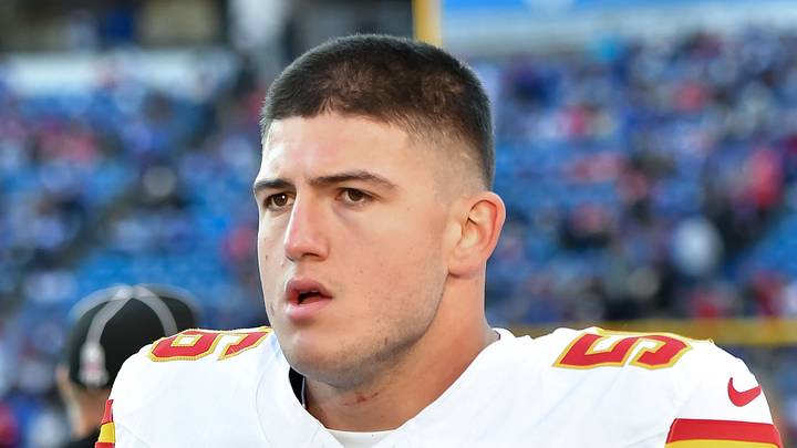 Kansas City Chiefs defensive end George Karlaftis (56) goes to the locker room Kansas City Chiefs defensive end George Karlaftis (56) goes to the locker room