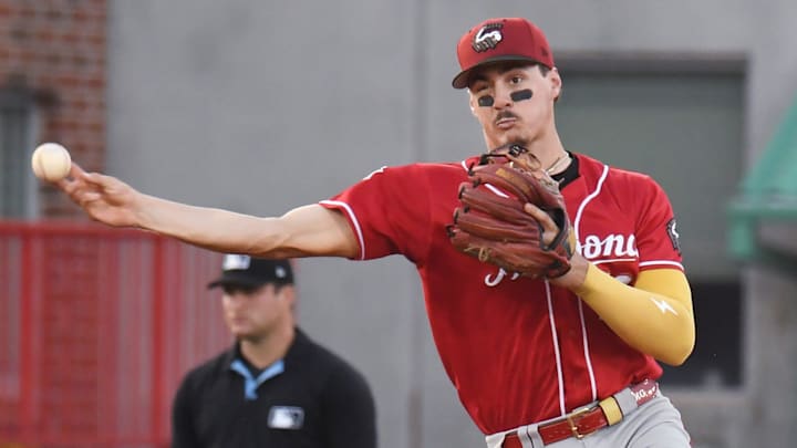 Altoona Curve infielder Konnor Griffin warms up between innings during an Eastern League playoff baseball game against the Erie SeaWolves at UPMC Park in Erie on Sept. 18, 2025. Altoona Curve infielder Konnor Griffin warms up between innings during an Eastern League playoff baseball game against the Erie SeaWolves at UPMC Park in Erie on Sept. 18, 2025.