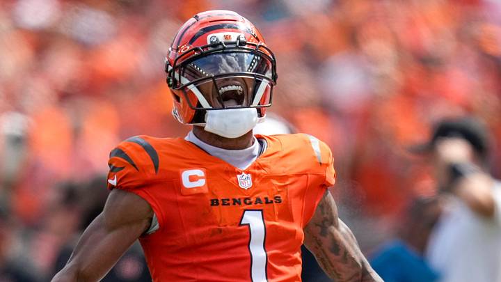 Cincinnati Bengals wide receiver Ja'Marr Chase (1) celebrates after breaking away for a long run on a reception in the second quarter of the NFL Week 2 game between the Cincinnati Bengals and the Jacksonville Jaguars at Paycor Stadium in downtown Cincinnati on Sunday, Sept. 14, 2025. The Jaguars led 17-10 at halftime. Cincinnati Bengals wide receiver Ja'Marr Chase (1) celebrates after breaking away for a long run on a reception in the second quarter of the NFL Week 2 game between the Cincinnati Bengals and the Jacksonville Jaguars at Paycor Stadium in downtown Cincinnati on Sunday, Sept. 14, 2025. The Jaguars led 17-10 at halftime.
