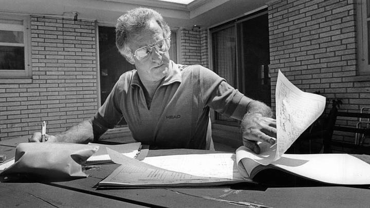 Brewers announcer Bob Uecker takes time in his backyard to chart statistics in 1981. Brewers announcer Bob Uecker takes time in his backyard to chart statistics in 1981.