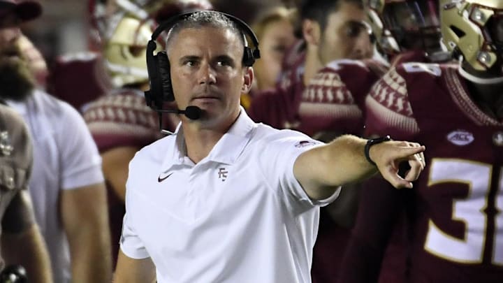 Sep 5, 2021; Tallahassee, Florida, USA; Florida State Seminoles head coach Mike Norvell during the game against the Notre Dame Fighting Irish at Doak S. Campbell Stadium. Mandatory Credit: Melina Myers-Imagn Images