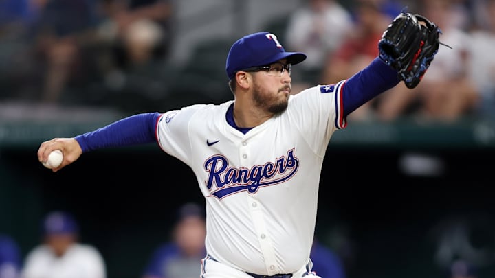Aug 19, 2024; Arlington, Texas, USA; Texas Rangers pitcher Dane Dunning (33) throws a pitch against the Pittsburgh Pirates in the first inning at Globe Life Field. Aug 19, 2024; Arlington, Texas, USA; Texas Rangers pitcher Dane Dunning (33) throws a pitch against the Pittsburgh Pirates in the first inning at Globe Life Field.