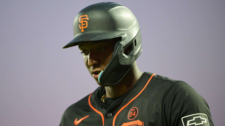 San Francisco Giants infielder Marco Luciano (37) reacts after striking out against the San Diego Padres during the fifth inning at Oracle Park. San Francisco Giants infielder Marco Luciano (37) reacts after striking out against the San Diego Padres during the fifth inning at Oracle Park.