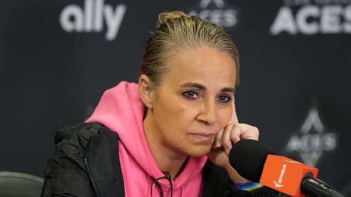 Jul 29, 2025; Los Angeles, California, USA; Las Vegas Aces coach Becky Hammon at a press conference at Crypto.com Arena. Mandatory Credit: Kirby Lee-Imagn Images