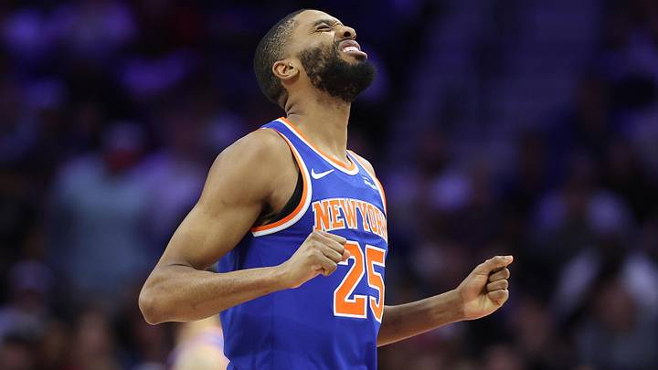 May 8, 2026; Philadelphia, Pennsylvania, USA; New York Knicks guard Mikal Bridges (25) reacts after a turnover against the Philadelphia 76ers during the second quarter of game three of the second round of the 2026 NBA Playoffs at Xfinity Mobile Arena. Mandatory Credit: Bill Streicher-Imagn Images