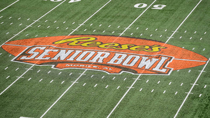 Jan 27, 2018; Mobile, AL, USA; General view of the Reese's center field logo during the 2018 Senior Bowl at Ladd-Peebles Stadium. Mandatory Credit: John David Mercer-Imagn Images Jan 27, 2018; Mobile, AL, USA; General view of the Reese's center field logo during the 2018 Senior Bowl at Ladd-Peebles Stadium. Mandatory Credit: John David Mercer-Imagn Images