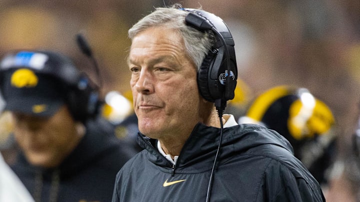 Dec 4, 2021; Indianapolis, IN, USA; Iowa Hawkeyes head coach Kirk Ferentz in the first quarter against the Michigan Wolverines at Lucas Oil Stadium. Mandatory Credit: Trevor Ruszkowski-Imagn Images Dec 4, 2021; Indianapolis, IN, USA; Iowa Hawkeyes head coach Kirk Ferentz in the first quarter against the Michigan Wolverines at Lucas Oil Stadium. Mandatory Credit: Trevor Ruszkowski-Imagn Images