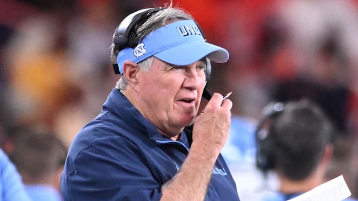 Oct 31, 2025; Syracuse, New York, USA; North Carolina Tar Heels head coach Bill Belichick on the sidelines in the second quarter against the Syracuse Orange at the JMA Wireless Dome. Mandatory Credit: Mark Konezny-Imagn Images