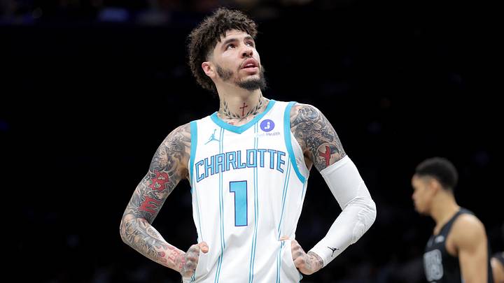 Mar 31, 2026; Brooklyn, New York, USA; Charlotte Hornets guard LaMelo Ball (1) reacts during the first quarter against the Brooklyn Nets at Barclays Center. Mandatory Credit: Brad Penner-Imagn Images