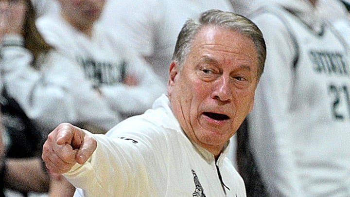 Jan 15, 2025; East Lansing, Michigan, USA; Michigan State Spartans head coach Tom Izzo protests a call by the officials during the second half of their game against the Penn State Nittany Lions at Jack Breslin Student Events Center. Mandatory Credit: Dale Young-Imagn Images Jan 15, 2025; East Lansing, Michigan, USA; Michigan State Spartans head coach Tom Izzo protests a call by the officials during the second half of their game against the Penn State Nittany Lions at Jack Breslin Student Events Center. Mandatory Credit: Dale Young-Imagn Images