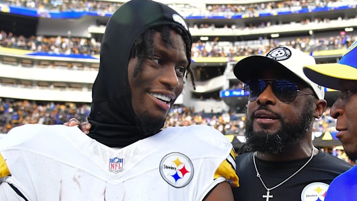 Pittsburgh Steelers wide receiver George Pickens and head coach Mike Tomlin after a game against the Los Angeles Rams. 