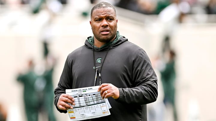Michigan State assistant head coach Keith Bhonapha looks on during the Spring Showcase on Saturday, April 20, 2024, at Spartan Stadium in East Lansing.