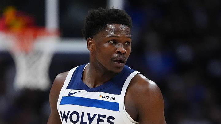 Apr 20, 2026; Denver, Colorado, USA; Minnesota Timberwolves guard Anthony Edwards (5) during the first quarter against the Denver Nuggets during game two of the first round of the 2026 NBA Playoffs at Ball Arena. Mandatory Credit: Ron Chenoy-Imagn Images