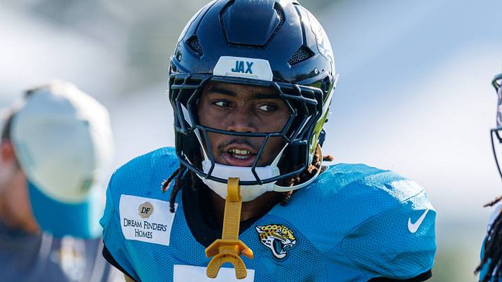 Aug 13, 2026; Metairie, LA, USA;  Jacksonville Jaguars running back LeQuint Allen Jr. (5) during a joint scrimmage against the New Orleans Saints during at Ochsner Sports Performance Center. Mandatory Credit: Stephen Lew-Imagn Images
