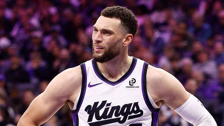 Nov 30, 2025; Sacramento, California, USA; Sacramento Kings guard Zach LaVine (8) reacts after a play against the Memphis Grizzlies during the second quarter at Golden 1 Center. Mandatory Credit: Kelley L Cox-Imagn Images