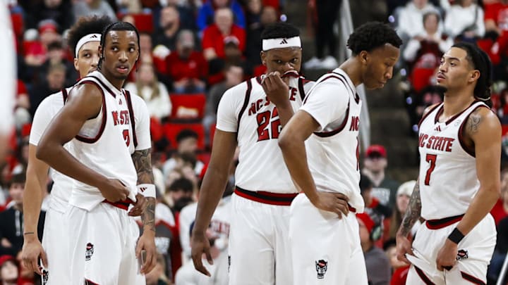 Jan 17, 2026; Raleigh, North Carolina, USA; NC State Wolfpack looks onto the Georgia Tech Yellow Jackets bench during the second half of the game against the Georgia Tech Yellow Jackets at Lenovo Center. Mandatory Credit: Jaylynn Nash-Imagn Images