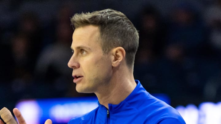 Feb 24, 2026; South Bend, Indiana, USA; Duke Blue Devils head coach Jon Scheyer claps against the Notre Dame Fighting Irish during the second half at Purcell Pavilion at the Joyce Center. Mandatory Credit: Michael Caterina-Imagn Images