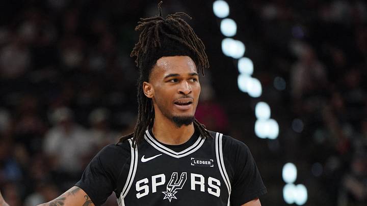 May 28, 2026; San Antonio, Texas, USA; San Antonio Spurs guard Stephon Castle (5) reacts with forward Julian Champagnie (30) in the first half during game six of the western conference finals for the 2026 NBA playoffs at Frost Bank Center. Mandatory Credit: Dustin Safranek-Imagn Images