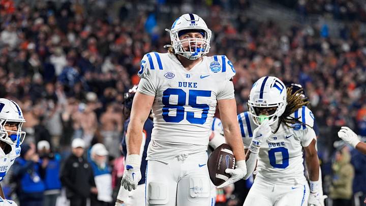 Dec 6, 2025; Charlotte, NC, USA; Duke Blue Devils tight end Jeremiah Hasley (85) celebrates a touchdown against the Virginia Cavaliers during the 2025 ACC Championship game at Bank of America Stadium. Mandatory Credit: Jim Dedmon-Imagn Images Dec 6, 2025; Charlotte, NC, USA; Duke Blue Devils tight end Jeremiah Hasley (85) celebrates a touchdown against the Virginia Cavaliers during the 2025 ACC Championship game at Bank of America Stadium. Mandatory Credit: Jim Dedmon-Imagn Images