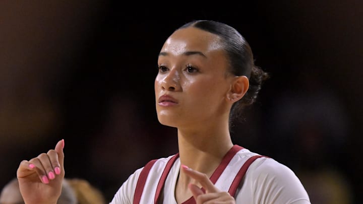 Jan 29, 2026; Los Angeles, California, USA; USC Trojans guard Jazzy Davidson (9) warms up prior to the game against the Iowa Hawkeyes at Galen Center. Jan 29, 2026; Los Angeles, California, USA; USC Trojans guard Jazzy Davidson (9) warms up prior to the game against the Iowa Hawkeyes at Galen Center.