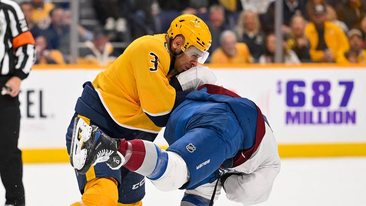 Oct 25, 2026; Nashville, Tennessee, USA; Nashville Predators defenseman Jayden Struble (3) and Colorado Avalanche center Parker Kelly (17) exchanges fist during the second period at Bridgestone Arena. Mandatory Credit: Steve Roberts-Imagn Images Oct 25, 2026; Nashville, Tennessee, USA; Nashville Predators defenseman Jayden Struble (3) and Colorado Avalanche center Parker Kelly (17) exchanges fist during the second period at Bridgestone Arena. Mandatory Credit: Steve Roberts-Imagn Images