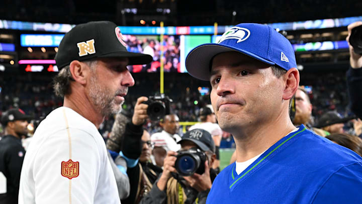 San Francisco 49ers head coach Kyle Shanahan (L) and Seattle Seahawks head coach Mike Macdonald (R)