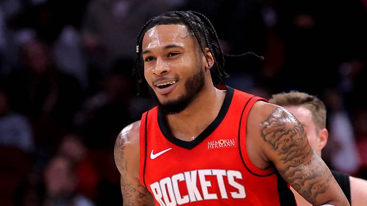 Jan 22, 2025; Houston, Texas, USA; Houston Rockets guard Cam Whitmore (7) reacts after a basket against the Cleveland Cavaliers during the second quarter at Toyota Center. Mandatory Credit: Erik Williams-Imagn Images