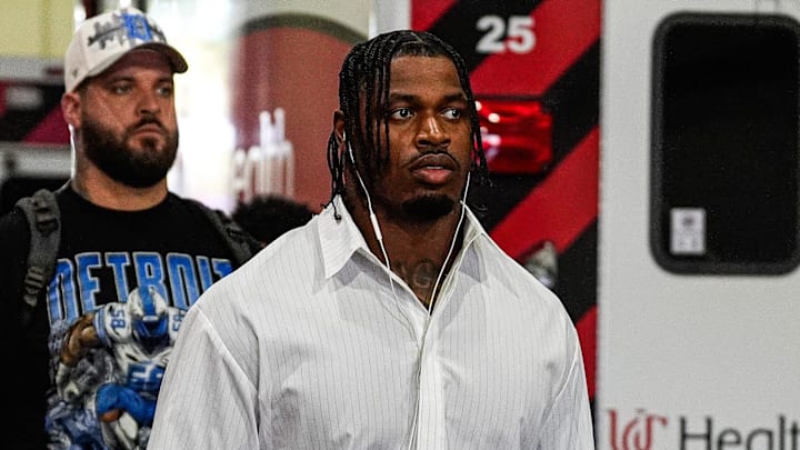 Detroit Lions defensive end Al-Quadin Muhammad (96) arrives ahead of Cincinnati Bengals game 
