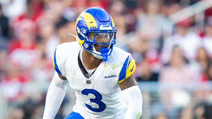 November 9, 2025; Santa Clara, California, USA; Los Angeles Rams safety Kam Curl (3) during the fourth quarter against the San Francisco 49ers at Levi's Stadium. Mandatory Credit: Kyle Terada-Imagn Images November 9, 2025; Santa Clara, California, USA; Los Angeles Rams safety Kam Curl (3) during the fourth quarter against the San Francisco 49ers at Levi's Stadium. Mandatory Credit: Kyle Terada-Imagn Images