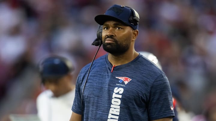 Dec 15, 2024; Glendale, Arizona, USA; New England Patriots head coach Jerod Mayo against the Arizona Cardinals in the second half at State Farm Stadium. Mandatory Credit: Mark J. Rebilas-Imagn Images