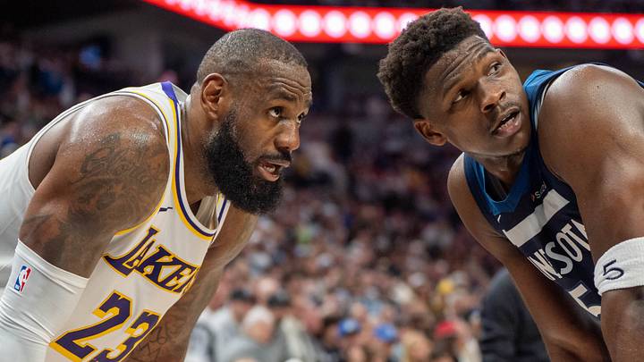 Apr 27, 2025; Minneapolis, Minnesota, USA; Minnesota Timberwolves guard Anthony Edwards (5) guards Los Angeles Lakers forward LeBron James (23) in the second quarter during game four of first round for the 2025 NBA Playoffs at Target Center. Mandatory Credit: Matt Blewett-Imagn Images Apr 27, 2025; Minneapolis, Minnesota, USA; Minnesota Timberwolves guard Anthony Edwards (5) guards Los Angeles Lakers forward LeBron James (23) in the second quarter during game four of first round for the 2025 NBA Playoffs at Target Center. Mandatory Credit: Matt Blewett-Imagn Images