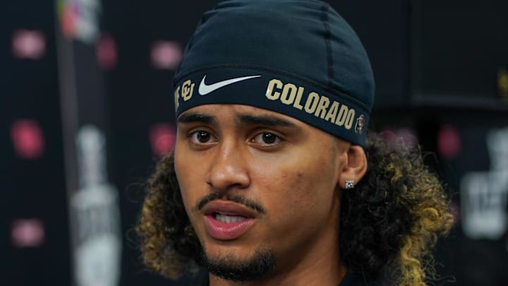 Jul 9, 2025; Frisco, TX, USA; Colorado quarterback Julian Lewis speaks with the media during 2025 Big 12 Football Media Days at The Star. Mandatory Credit: Raymond Carlin III-Imagn Images