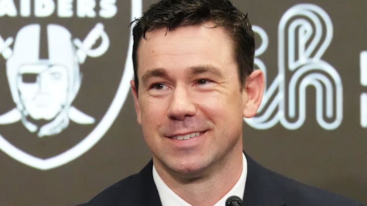 Feb 10, 2026; Henderson, NV, USA; Las Vegas Raiders coach Klint Kubiak speaks at introductory press conference at Intermountain Health Performance Center. Mandatory Credit: Kirby Lee-Imagn Images