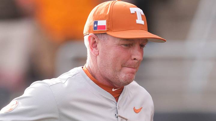 Texas baseball coach Jim Schlossnagle during the NCAA college baseball game against Tennessee in Knoxville, Tennessee on May 8, 2026. Texas baseball coach Jim Schlossnagle during the NCAA college baseball game against Tennessee in Knoxville, Tennessee on May 8, 2026.