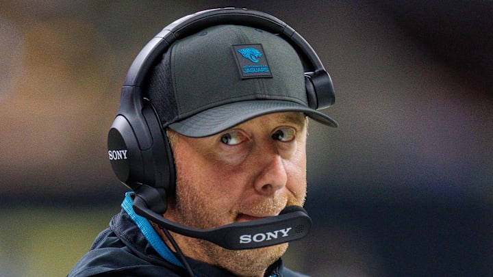 Aug 17, 2025; New Orleans, Louisiana, USA;  Jacksonville Jaguars head coach Liam Coen looks on against the New Orleans Saints during the first half at Caesars Superdome. Mandatory Credit: Stephen Lew-Imagn Images