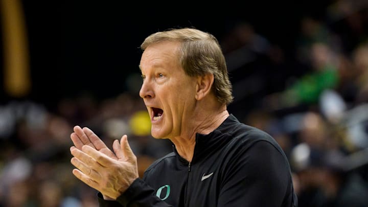 Oregon head coach Dana Altman calls to his team as the Oregon Ducks host the UC Davis Aggies on Dec. 13, 2025, at Matthew Knight Arena in Eugene, Oregon. Oregon head coach Dana Altman calls to his team as the Oregon Ducks host the UC Davis Aggies on Dec. 13, 2025, at Matthew Knight Arena in Eugene, Oregon.