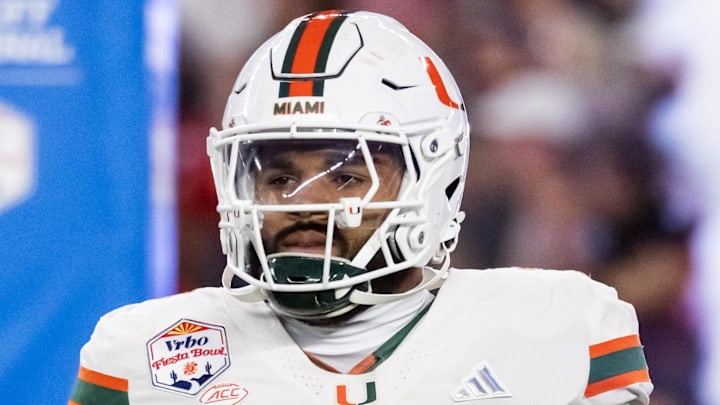 Jan 8, 2026; Glendale, AZ, USA; Miami Hurricanes defensive lineman Akheem Mesidor (3) against the Mississippi Rebels during the 2026 Fiesta Bowl and semifinal game of the College Football Playoff at State Farm Stadium. Mandatory Credit: Mark J. Rebilas-Imagn Images