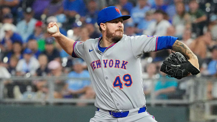 Jul 11, 2025; Kansas City, Missouri, USA; New York Mets relief pitcher Chris Devenski (49) delivers a pitch against the Kansas City Royals in the ninth inning at Kauffman Stadium. Mandatory Credit: Denny Medley-Imagn Images Jul 11, 2025; Kansas City, Missouri, USA; New York Mets relief pitcher Chris Devenski (49) delivers a pitch against the Kansas City Royals in the ninth inning at Kauffman Stadium. Mandatory Credit: Denny Medley-Imagn Images