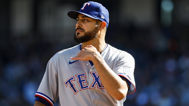 Oct 1, 2023; Seattle, Washington, USA; Texas Rangers relief pitcher Martin Perez (54) reacts after getting the final out of the seventh inning against the Seattle Mariners at T-Mobile Park