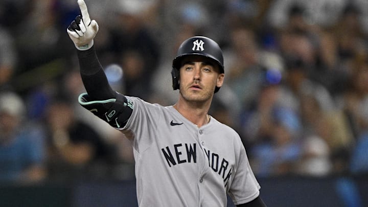 Aug 4, 2025; Arlington, Texas, USA; New York Yankees center fielder Cody Bellinger (35) during the game between the Texas Rangers and the New York Yankees at Globe Life Field. Mandatory Credit: Jerome Miron-Imagn Images